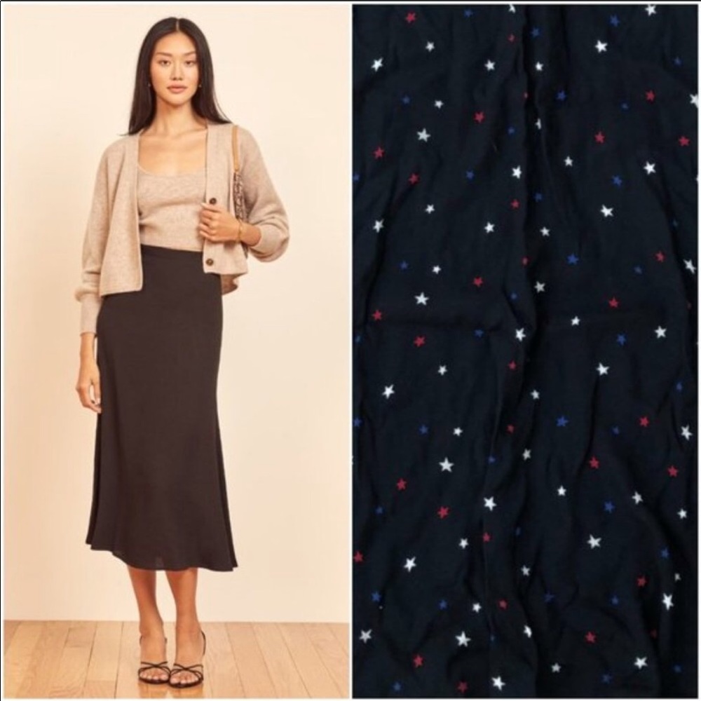 Reformation Black Midi Skirt with Red, White, and Blue Star Detail